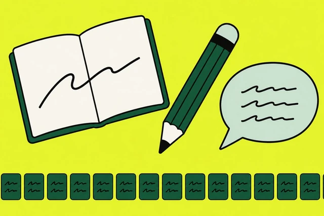 Un carnet ouvert, un crayon et une bulle de dialogue, au-dessus d’une bande de pages répétées